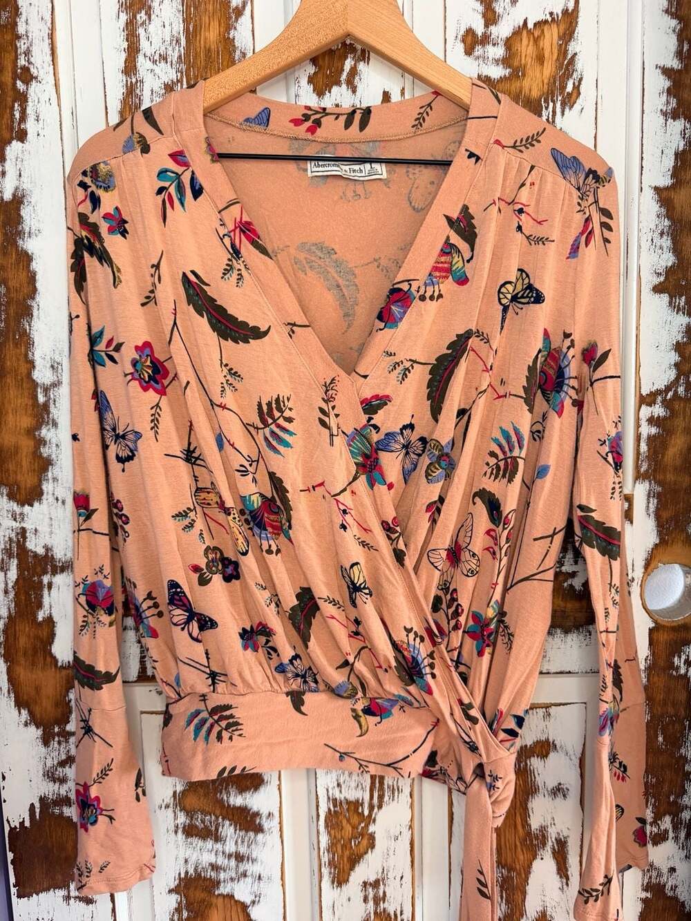 Abercrombie & Fitch Tie Wrap Long Sleeve Blouse Size L Pink Floral Butterfly Y2K
